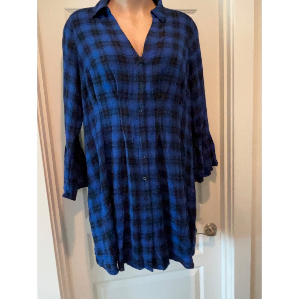 Torrid Button Down Fit & Flare Royal Blue Check midi Dress Ruffled Sleeves 2X